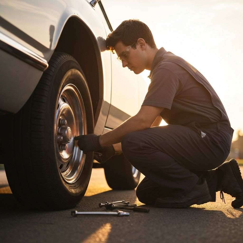 전문 기술자가 도로 옆에서 타이어를 수리하는 모습
